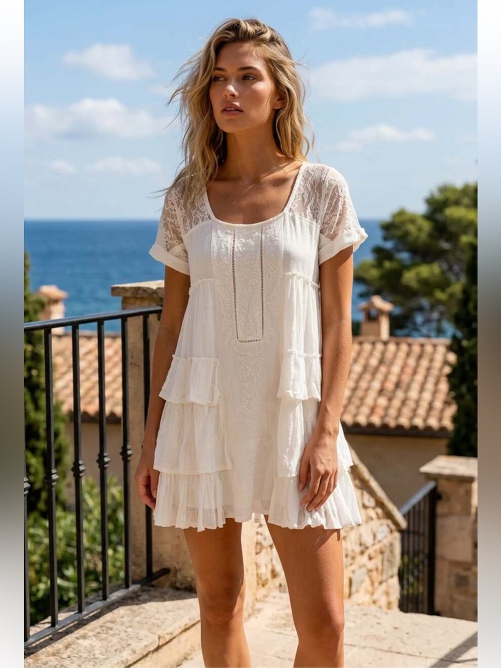 Free People White Sunbeams Lace Tiered Peasant Mini Dress NWT Size Medium